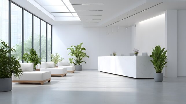 A bright modern lobby features clean white surfaces, comfortable seating, potted plants and a large window with views of greenery.