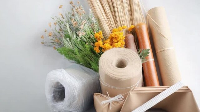 Floral Arrangement Supplies: A curated collection of natural and sustainable materials for crafting exquisite floral arrangements.  The image showcases various elements including dried flowers.