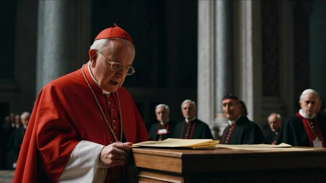 Catholic cardinals dressed in red vestments sit solemnly in pews, praying and silently awaiting the smoke signal during the papal conclave.