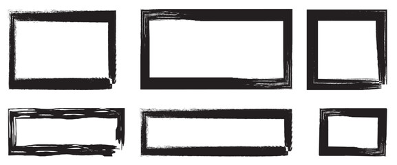 Set of rectangular grunge backgrounds. Black square shapes with jagged borders on white background.  Hand drawn square frames. Doodle line square frame.