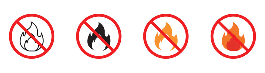 No fire red sign. Flame not allowed. Flammable symbol. Prohibition sign preventing campfires and bonfires, ideal for indicating fire hazard areas.