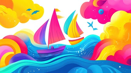Obraz premium Vibrant sailboats amidst colorful waves and clouds
