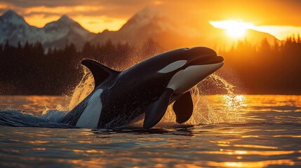 Fototapeta premium Orca whale leaping out of the water with sunset and mountain range in the background creating a majestic and peaceful natural scene