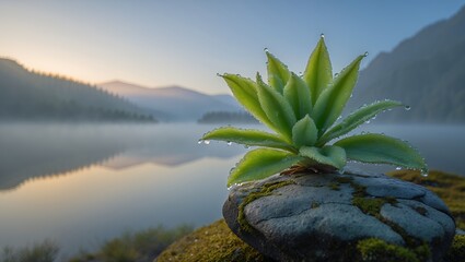 Succulent Growing on Rock Overlooking a Misty Mountain Lake
