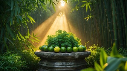 Limes and Greenery on Stone Stand in Forest with Sun Rays