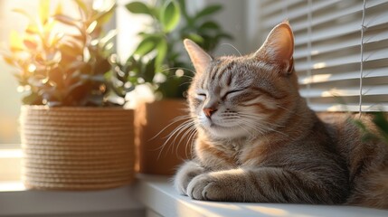 Relaxed Cat Enjoying Sunlight by Window