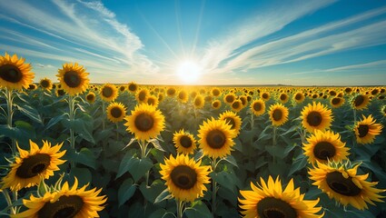 Sunflowers Field at Sunset with Blue Sky and Wispy Clouds