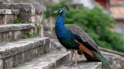 Peacock on ancient stone steps