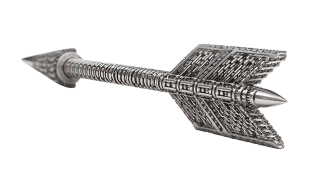 Detailed silver arrow metalwork design archery hunting weapon precision target practice shooting sport art on transparent background