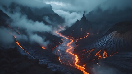 Flowing Lava River Through Volcanic Landscape with Dramatic Mountain Peaks