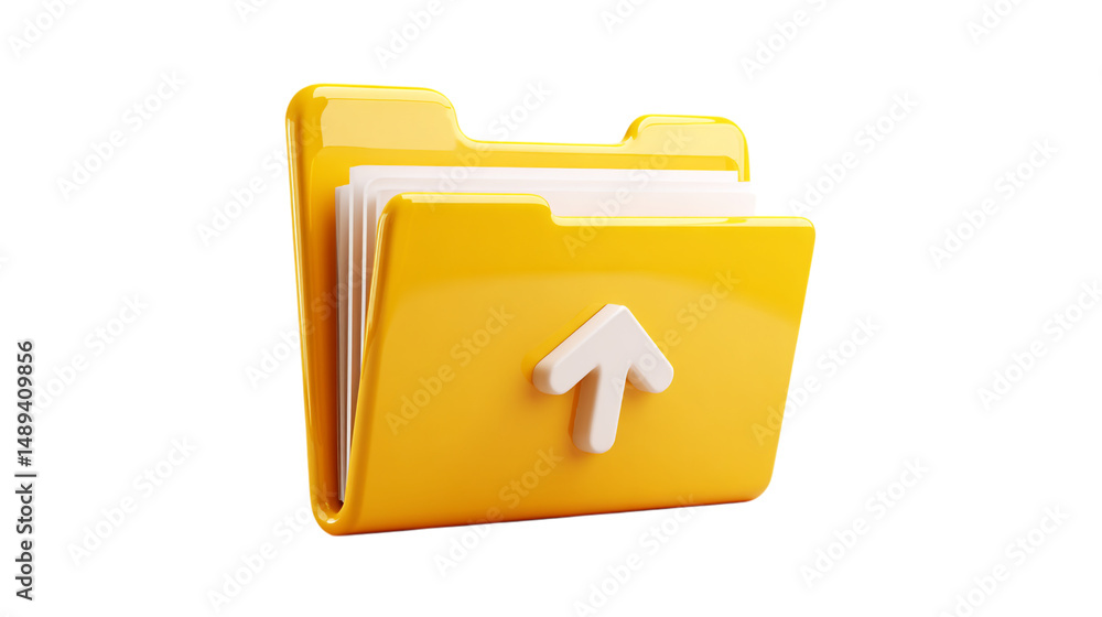 Poster yellow folder upload icon file management data storage document transfer 3d rendering illustration o