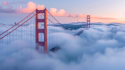 Fototapeta premium Golden gate bridge shrouded in fog at sunrise