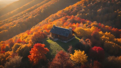Cabin nestled among colorful autumn trees on a hillside landscape