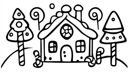 Festive Gingerbread House, Candy Trees, Winter Scene, Holiday Card