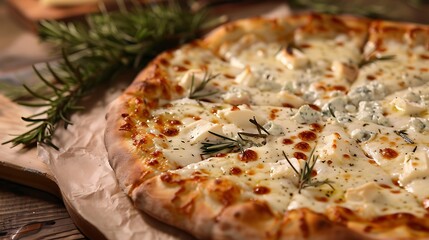 Close up of a four cheese pizza with rosemary on a wooden board