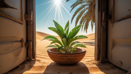 Plant Thriving in Desert Landscape Seen Through an Open Door