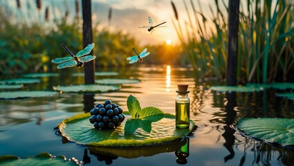 Lily Pad in Pond with Blackberry and Essential Oil at Sunset