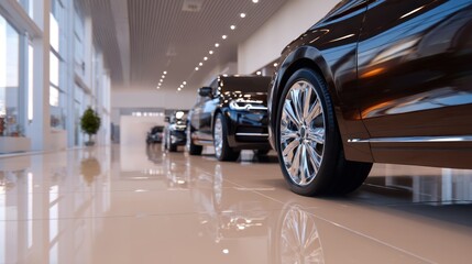 Sleek luxury cars showcased in a modern showroom with bright lighting and polished floors