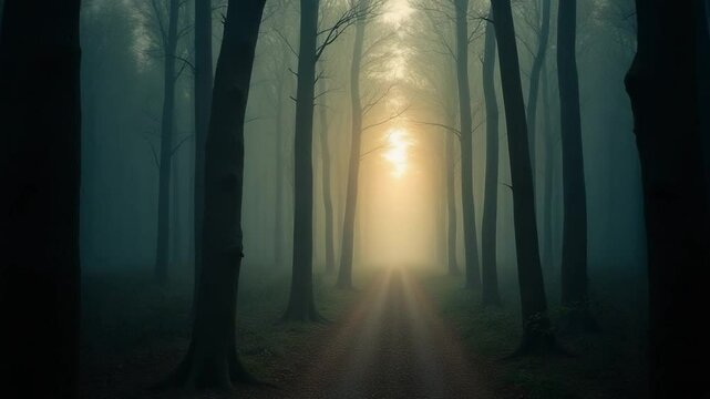 Last light of day entering old forest just rain after