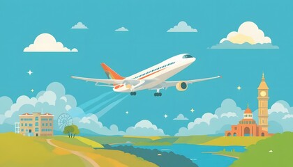Airplane flying over global landmarks travel and tourism concept