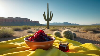 Desert Picnic Still Life Bowl of Berries on Yellow Blanket
