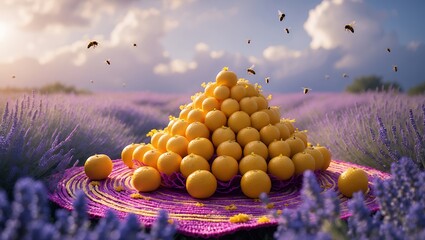 Stack of Oranges on Blanket in Lavender Field with Flying Bees