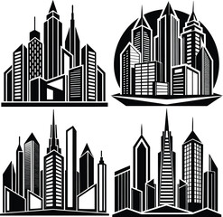 Four stylized black and white city skyline illustrations.