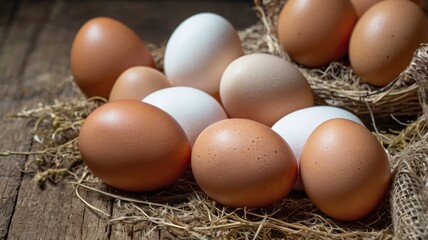 Concept of fresh and natural farm product - eggs, space for text