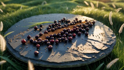 Serving Plums with Cinnamon on Stone Plate in Grassy Setting