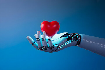 robotic hand gently holding a bright red heart