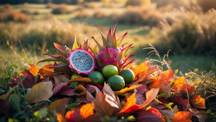 Dragon Fruit and Limes on Colorful Autumn Leaves in Meadow