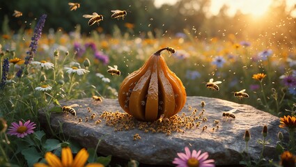 Bees Gathering Around Fig on Stone with Field of Flowers