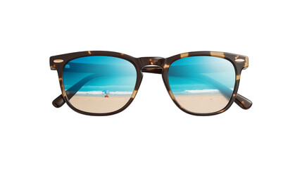 Tortoiseshell sunglasses reflecting a beach scene against a transparent background