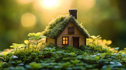 Miniature wooden house with moss-covered roof surrounded by green plants glowing warmly in soft golden sunlight
