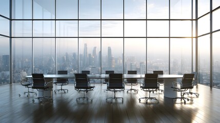 Obraz na płótnie Canvas Elegant corporate meeting room with a large conference table, chairs, and a panoramic city view through expansive windows.