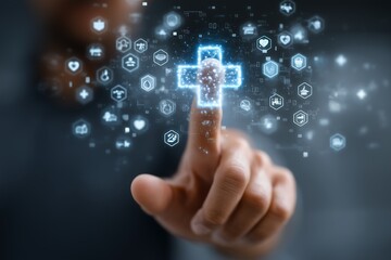 Fototapeta premium Digital Healthcare System Symbolized by Futuristic Cross Icon.Generative AI