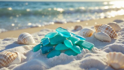 Sea Glass and Seashells on Sandy Beach with Ocean Backdrop