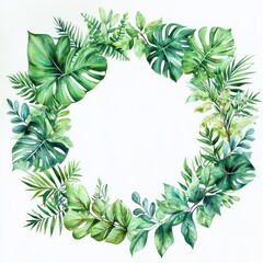 Fototapeta premium circular wreath made of various green tropical leaves arranged symmetrically on white background, evoking freshness and natural beauty