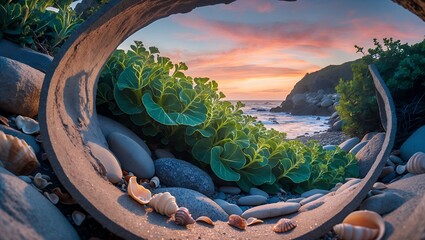 Viewing Beach Sunset Through Tunnel with Sea Shells and Plants