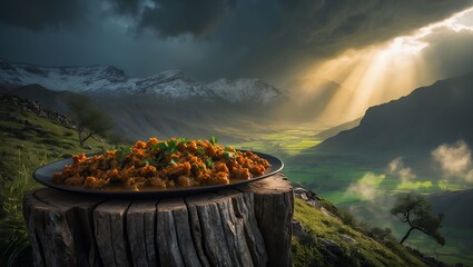 Savory Dish on Stump Overlooking Mountain Valley with Dramatic Sky