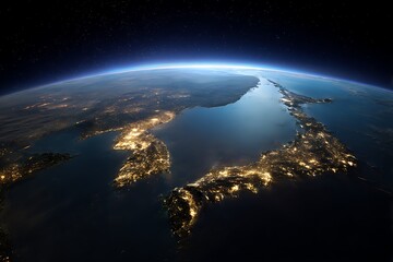 Obraz premium Planet Earth at Night with Korea and Japan Showing City Lights from Space