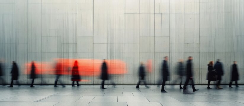 Blurred silhouettes of people walking in different directions against a tall concrete wall with a streak of orange light, conveying motion and urban anonymity