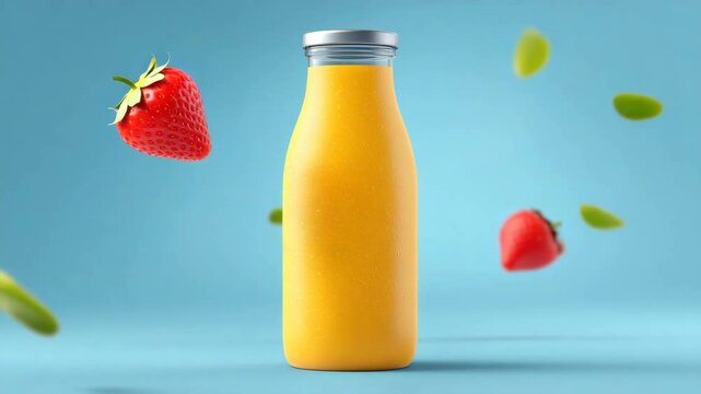 Strawberry Juice Bottle Mockup: A refreshing glass bottle of orange strawberry juice floats amidst falling strawberries and mint leaves against a light blue background.