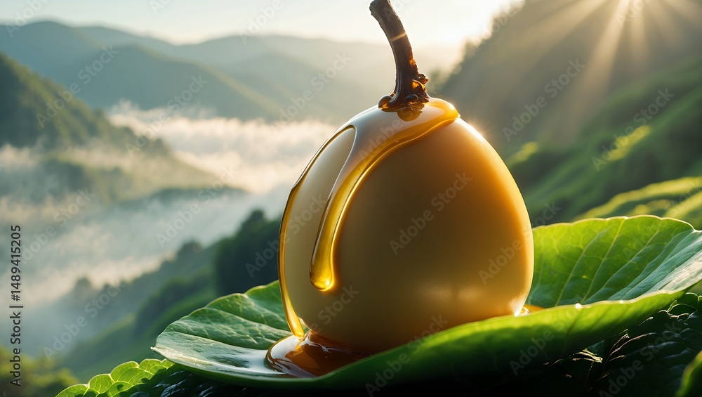 Poster pear with honey drizzle resting on leaf with mountain backdrop