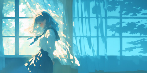 片想いの男の子に告白しようとしている女性。水彩画。イラスト。水彩。バナー素材。