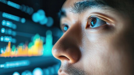 A close-up of the eyes and face of a man looking at charts on digital screens, with visual elements like bar graphs and data points in the background.