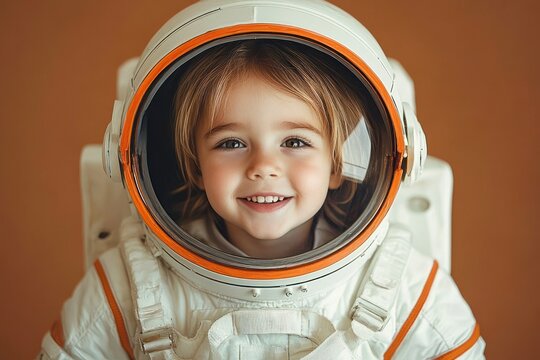 smiling young child wearing a white and orange astronaut suit helmet looking through the visor with bright eyes and cheerful expression on plain brown background