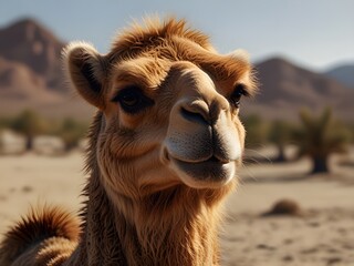 Close up of a dromedary camel in a desert landscape with mountains and palm trees in the background on a sunny day, showcasing the animals features