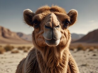 Close up of a dromedary camel in a desert landscape with sand and mountains in the background, creating a portrait of the animal in its natural habitat