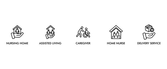 Elderly care banner web icon vector illustration concept for elder people support with an icon of caregiver, nursing home, assisted living, home nurse and delivery service